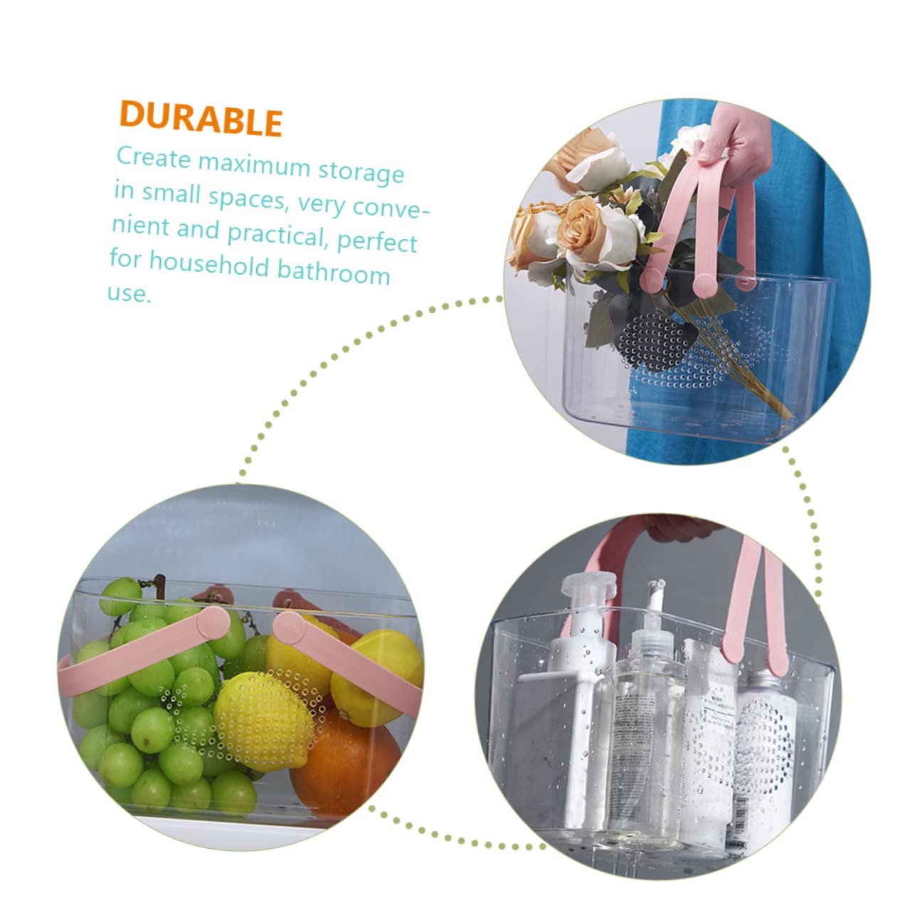 Beavorty Cesta de Ducha Portátil Transparente de Plástico Rosa con Asa | Gran Capacidad, Base Estable sobre Superficie Plana, para Baño y Salón