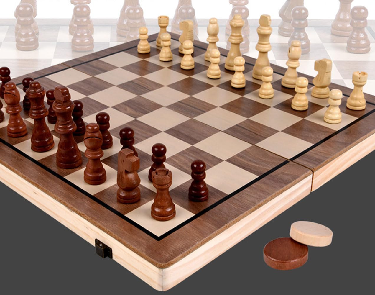 Ajedrez Ajedrez estándar internacional plegable, damas y ajedrez, juego de mesa de madera magnético 2 en 1, caja de almacenamiento de 15 pulgadas, bolsa para 2 jugadores ajedrez clásico