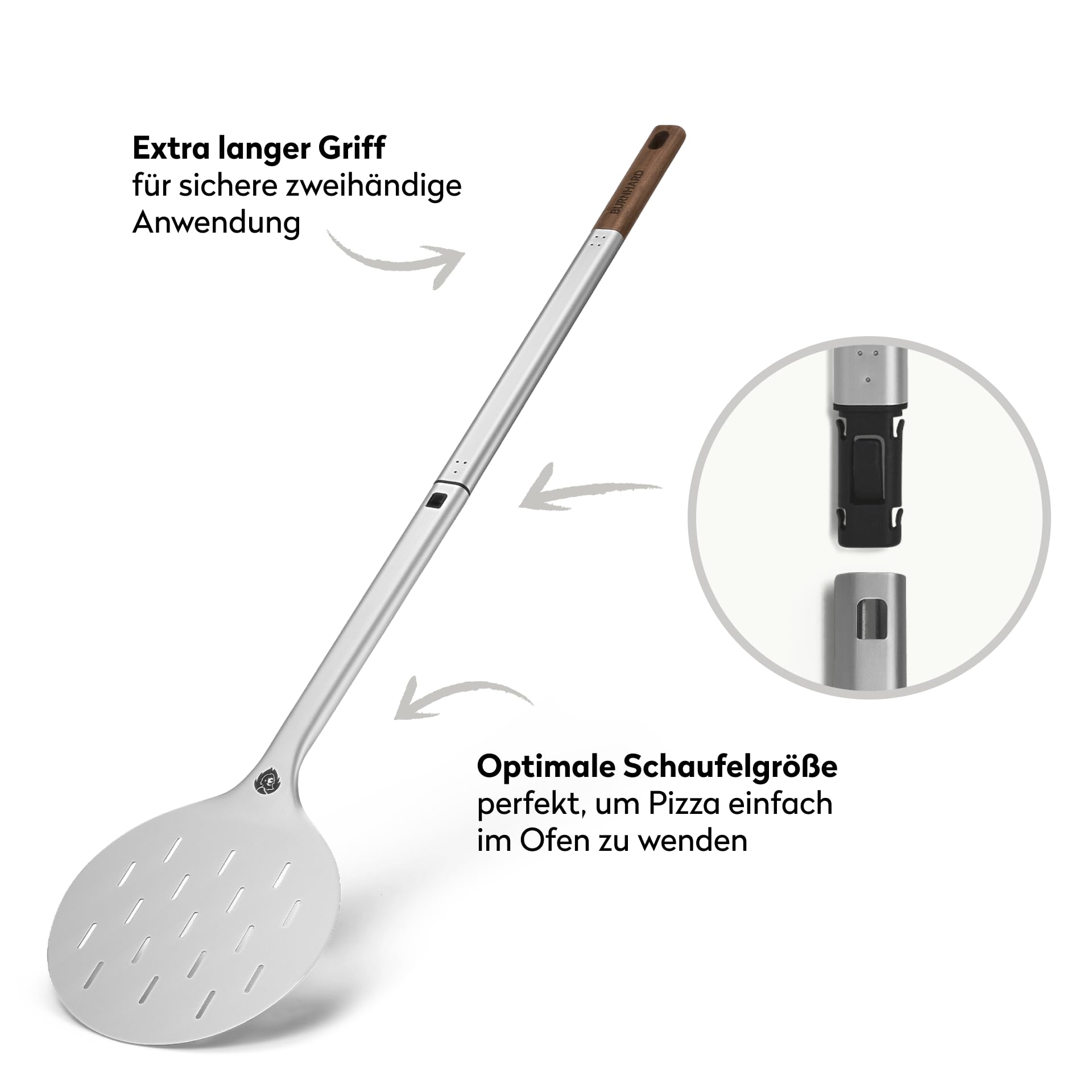 BURNHARD® Pizzawender Pizza Turning Peel rund, Aluminium-Schaufel perforiert mit Akazienholz-Griff & Steckmechanismus, temperaturbeständig für Pizzaofen – 95 cm x 18 cm x 1,6 cm