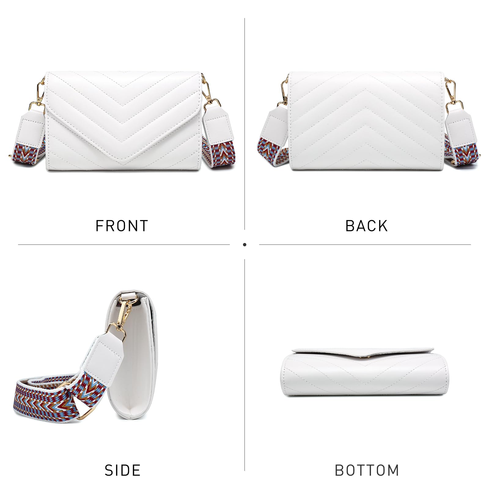 Dasein Women Small Quilted Crossbody Bags Stylish Designer Evening Bag Clutch Purses and Handbags with Chain Shoulder Strap: Wide Strap-white