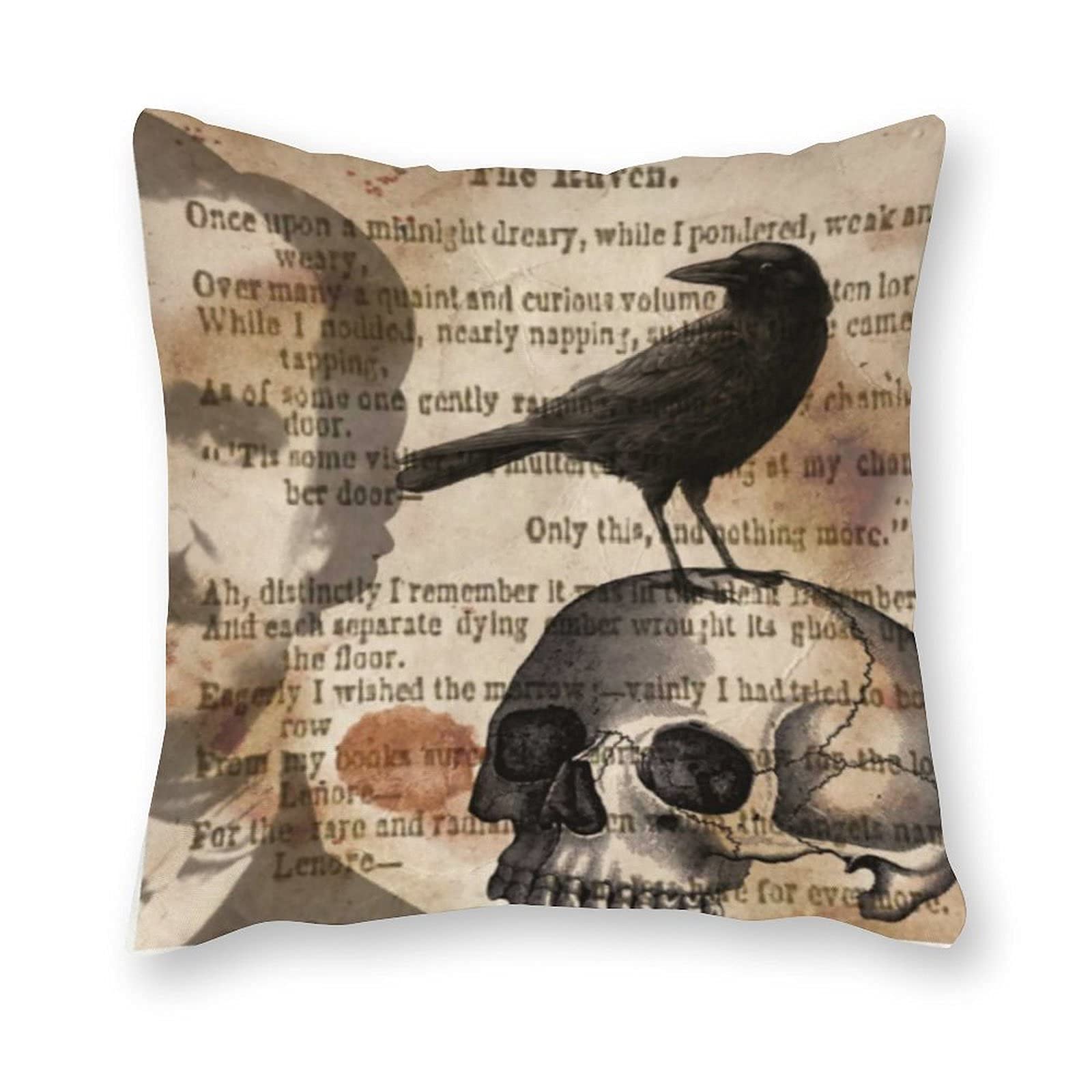 DKISEE Unique Pillow Cover Poe The Skull Pillowcase Nice Pillow Gift with Invisible for Couch, White, 18 x 18-Inch
