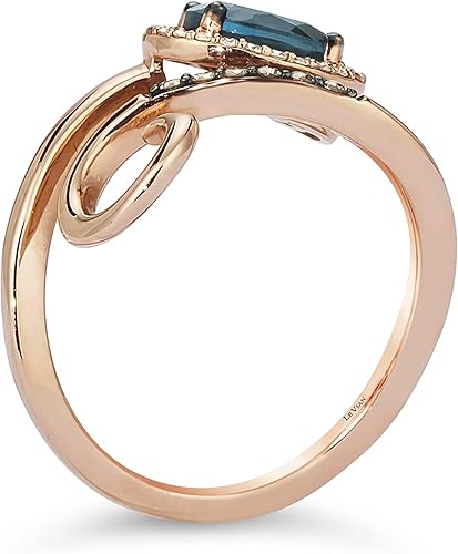 Vista 4 de LeVian - Anillo de derivación de diamante y topacio azul ovalado de 18 quilates para mujer en oro rosa de 14 k (G-Hmarrón elegante, VS2-SI1, cttw)