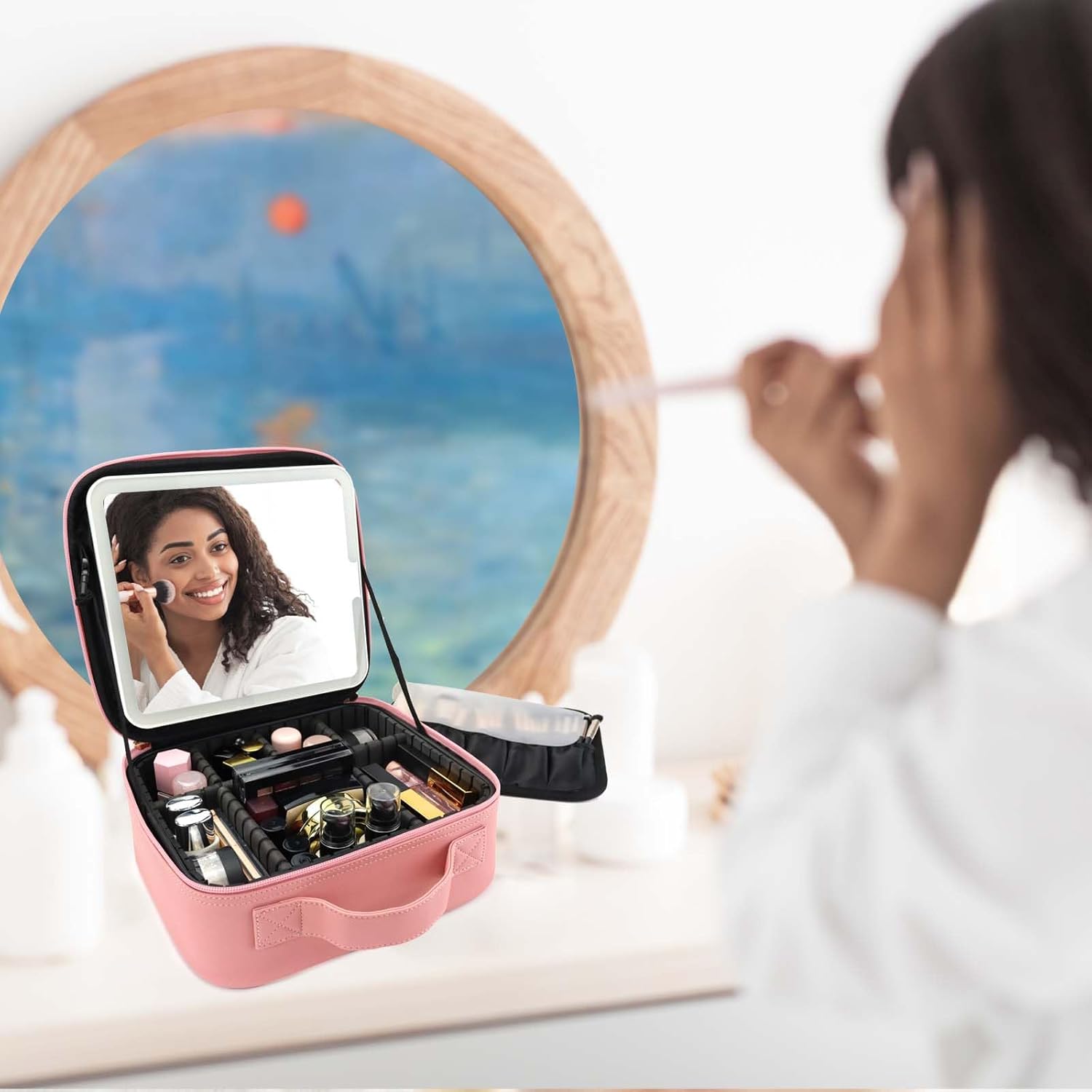 Travel Makeup Bag with LED Mirror Travel Makeup Organizer with 3 Lighted Settings, Adjustable Dividers and Makeup Brush Storage Bag Pink - Image 9