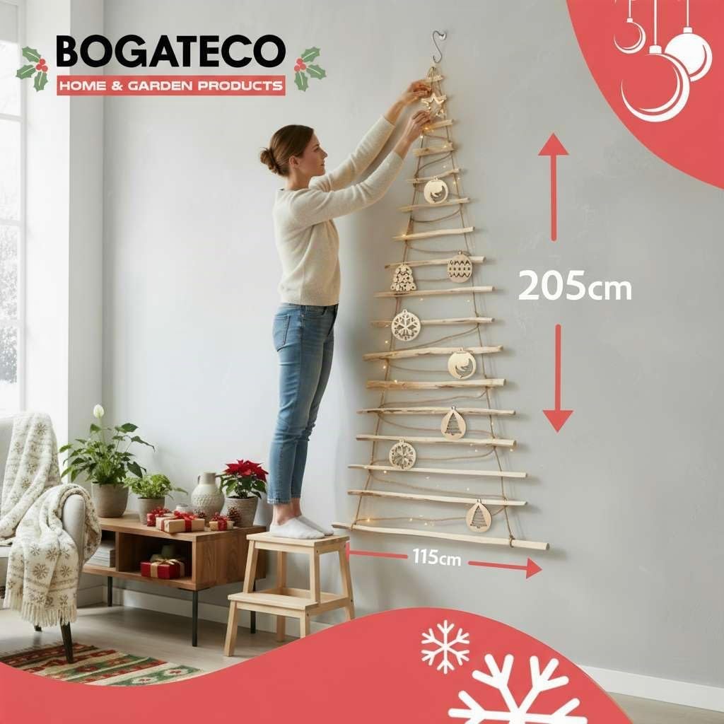 BOGATECO Sapin de Noël fait à la main Hauteur 205 cm avec décorations en bois de noisette, pendentif décoratif avec lumières LED de 10 m, panneaux en bois reliés à une corde de jute avec un