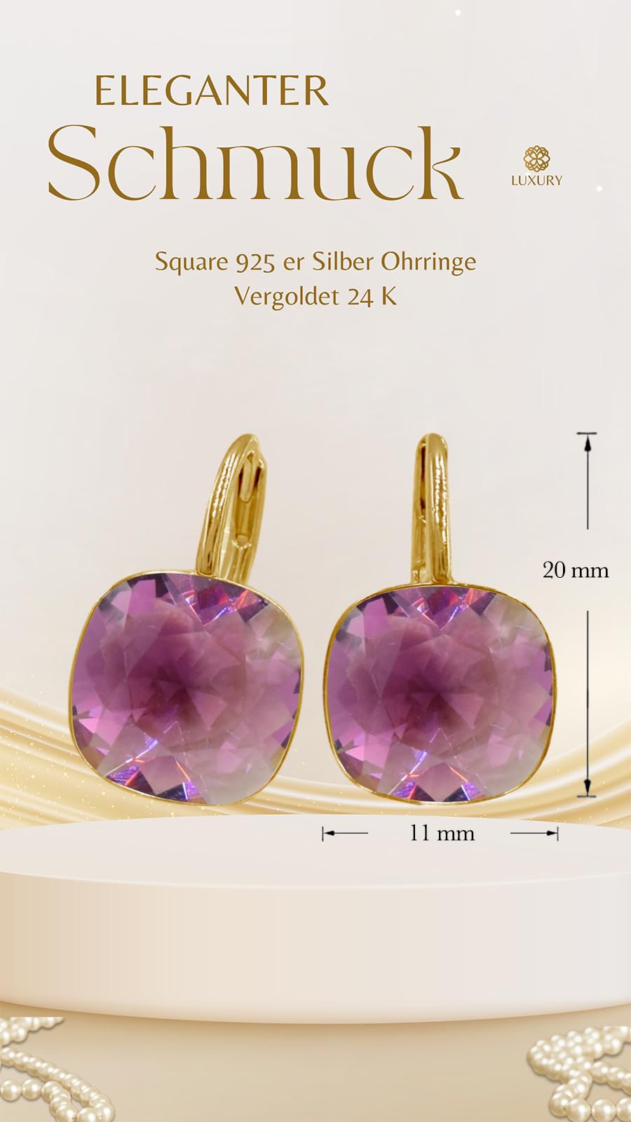 SQUARE Pendientes colgantes para mujer, plata 925, cristales de circonita, chapados en oro de 24 quilates, joyas para mujeres y niñas, pendientes colgantes ideales para regalos