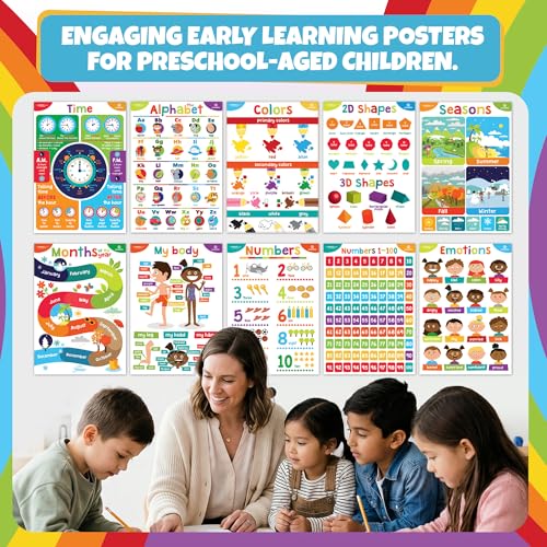 Sproutbrite 11 Pack 13.75"x19.75" Educational Posters for Toddlers Large Classroom Decorations for Preschool & Homeschool – Includes Alphabet, Numbers, Seasons, and Emotions – High-Visibility Learning Charts for Ages 3-5