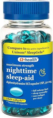 A+Health Nighttime Sleep Aid - Cápsulas blandas de difenhidramina de 50 mg, máxima fuerza, 160 unidades
