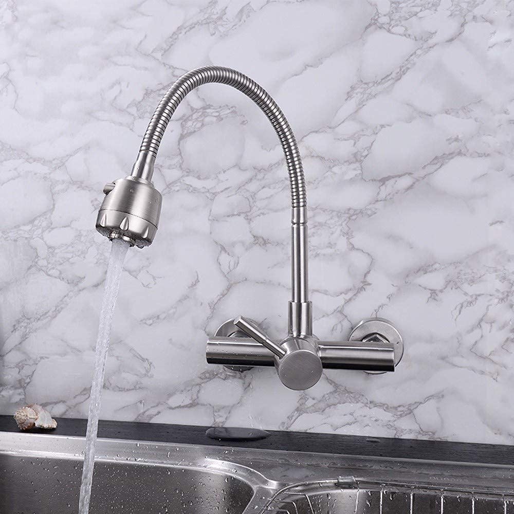 Grifos Monomando para Fregadero, Grifo Giratorio de Cocina, Acero Inoxidable Sus en la Pared, Fregadero de Tubo Universal de Calor frío, grifos de Doble Orificio, Grifo de Agua de efluente