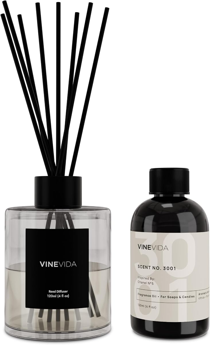 VINEVIDA Aroma NO. Difusor de varillas 3001 - 120 ml (4 oz) - Inspirado en: Coco #5, difusores de varillas para el hogar, la oficina, el baño, varillas difusoras de aroma fabricadas en EE. UU., difusor de fragancia para habitaciones