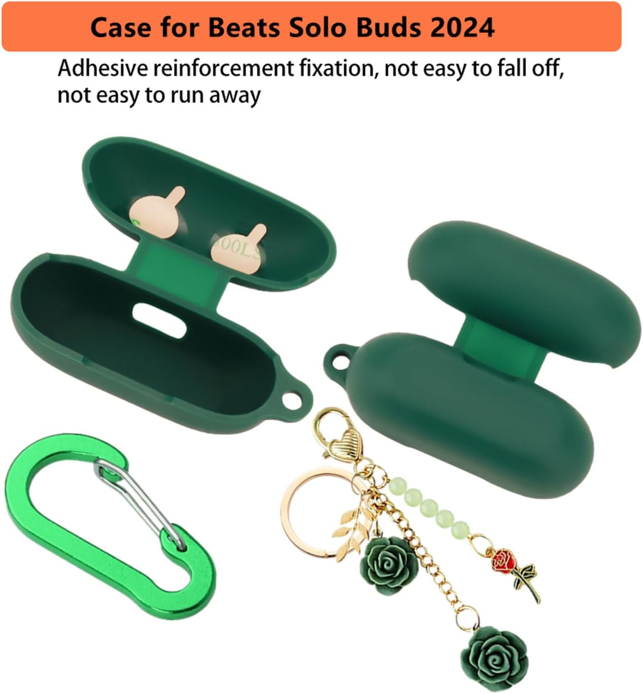 Case for Beats Solo Buds Case Cover with Flower Keychain, Cute Soft Silicone Shockproof Protective Skin Cases for Beats Solo Buds Wireless Earbuds with Carabiner for Women Girl (Green) - Image 4