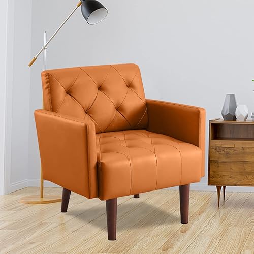 Miniatura 28 de Silla decorativa de piel sintética, sillón moderno de mediados de siglo para sala de estar, silla de lectura, sofá individual, cojín de espuma de