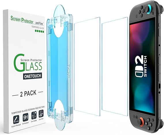 amFilm Auto-Alignment OneTouch for Nintendo Switch 2 Screen Protector 7.9'' 2025 Tempered Glass, Accessories, 30 seconds Installation, Bubble Free, Anti-Scratch, Touch Sensitive, Ultra-Clear 2Pack