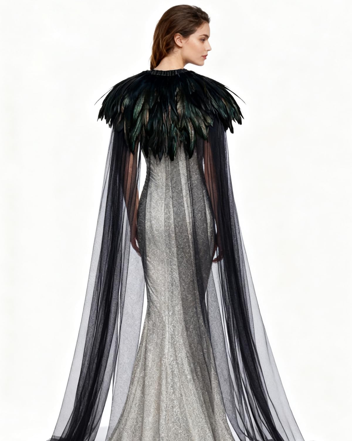 keland Czarna tiulowa peleryna długa z kołnierzem sprężynowym Pióro Cape Halloween Maleficent akcesoria (czarna)
