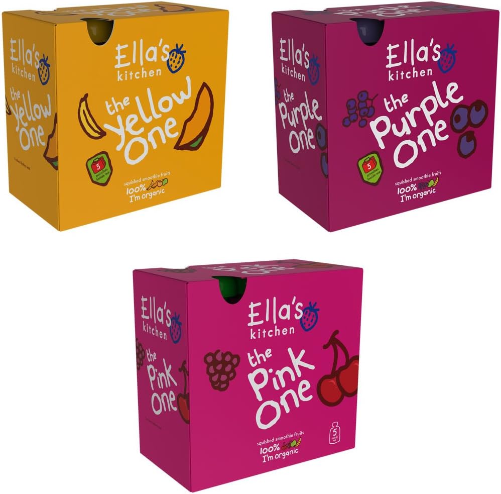 Ella's Kitchen Organic Smoothie Multipack Fruits Mixed Case Selection The Yellow, Purple, Pink One (3 x 5 x 90 g)