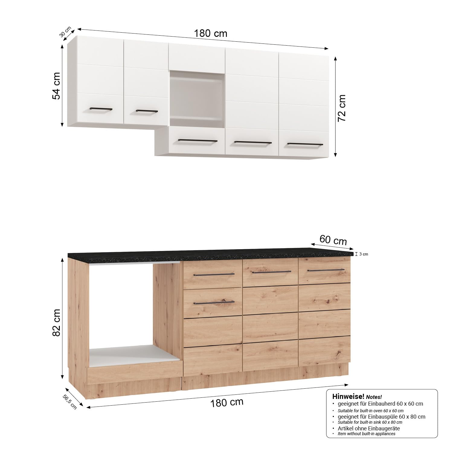 Homestyle4u Singleküche 180 cm Weiß Eiche - Küchenzeile ohne Geräte | Küchenblock mit Arbeitsplatte, Hängeschrank & Unterschrank – Holzoptik Sonoma Eiche, erweiterbar