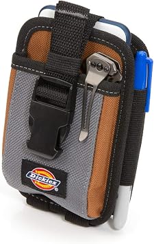 Dickies 2-Compartment Large Phone Pouch, Universal-fit Steel Clip for Tool Belt, Security Strap Over Phone, Carabiner for Quick-Clip Key Storage