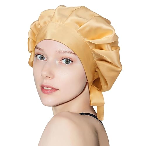 OLESILK Gorro de seda para el cabello de seda para dormir, doble capa, reversible, ajustable, para cabello rizado y encrespado, dorado