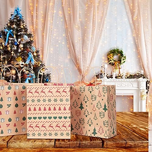 Cabilock 24pcs Christmas Packaging Kraft Paper Bags Portable Gift Bags Xmas Party Favor Bags with Handle for Christmas Holiday Festival