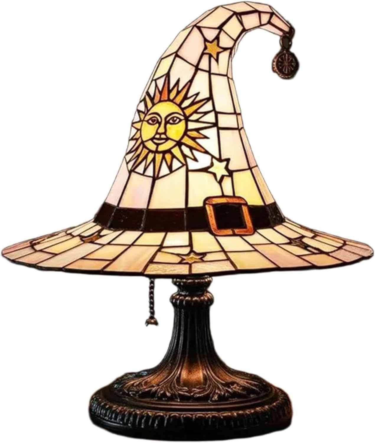 Stained Glass Witch Hat Lamp with Mystical Charm, Gothic Wizard Hat Shape Lights, Unique Vintage Lamp for Bedroom Party of Halloween Decor (Pink, L)