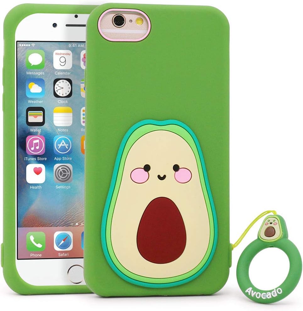 Cute iPhone SE 2022 case, Avocado iPhone SE 2020 case, iPhone 7 Case, iPhone 8 Case, iPhone 6 Case, iPhone 6s Case, Funny Fruit Soft Silicone 3D Cartoon Shockproof Back Cover with Keychain