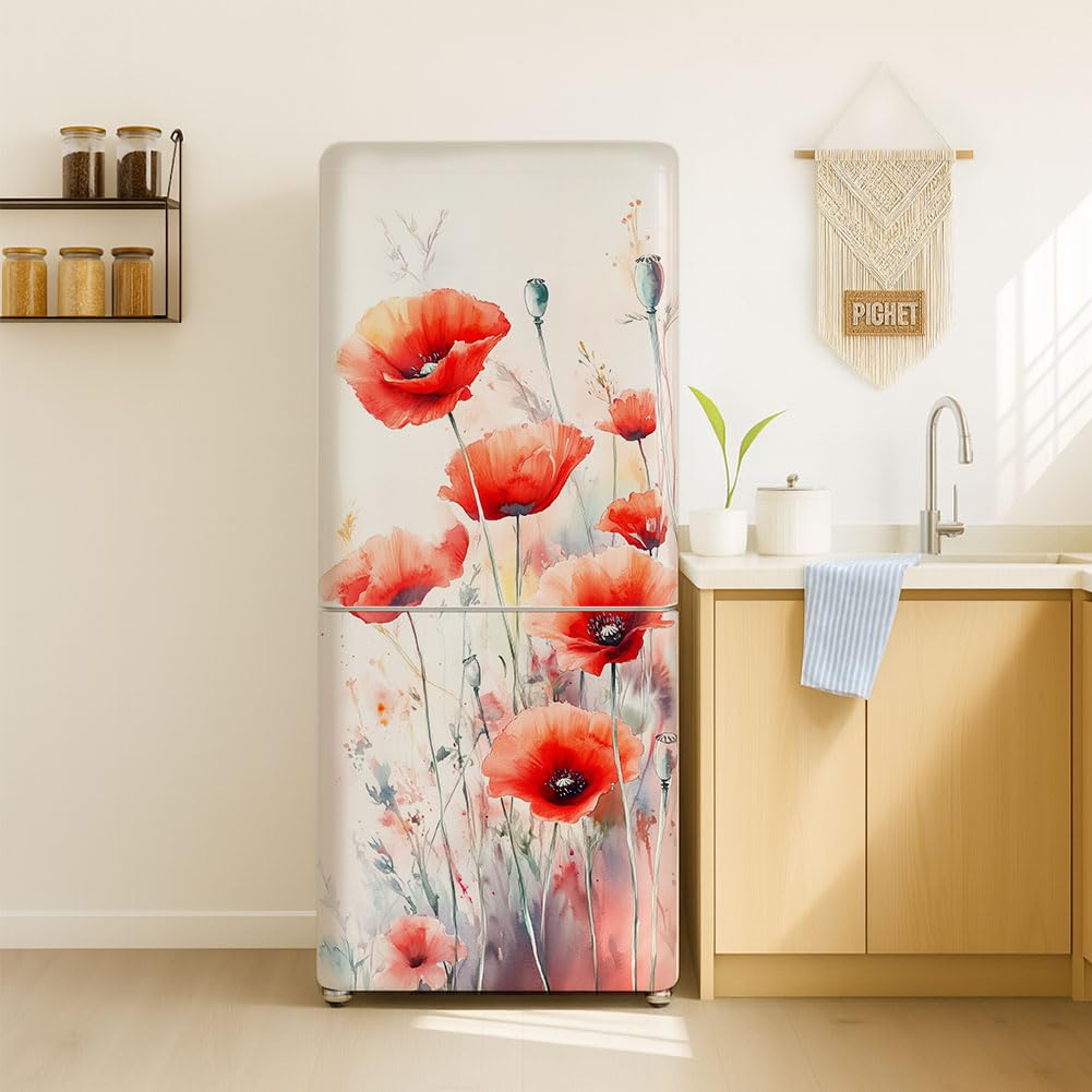 GOMAKERER 2 Sheet Flower Removable Refrigerator Wraps, Self-Adhesive Fridge Stickers Peel and Stick Vinyl Fridge Decals Sticker for Living Room Kitchen Bar Home, 16.34x78.74Inch