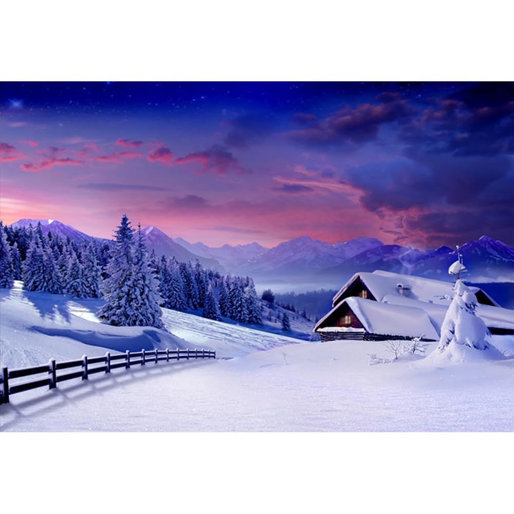 YongFoto 1,5x1m Toile de Fond Paysage Couvert Neige Montagne élégante Village Maison Arbres clôture en Bois Joyeux Noël d'hiver Fond Décors Studio Photo Video Fete Photographie Accesorios - 1