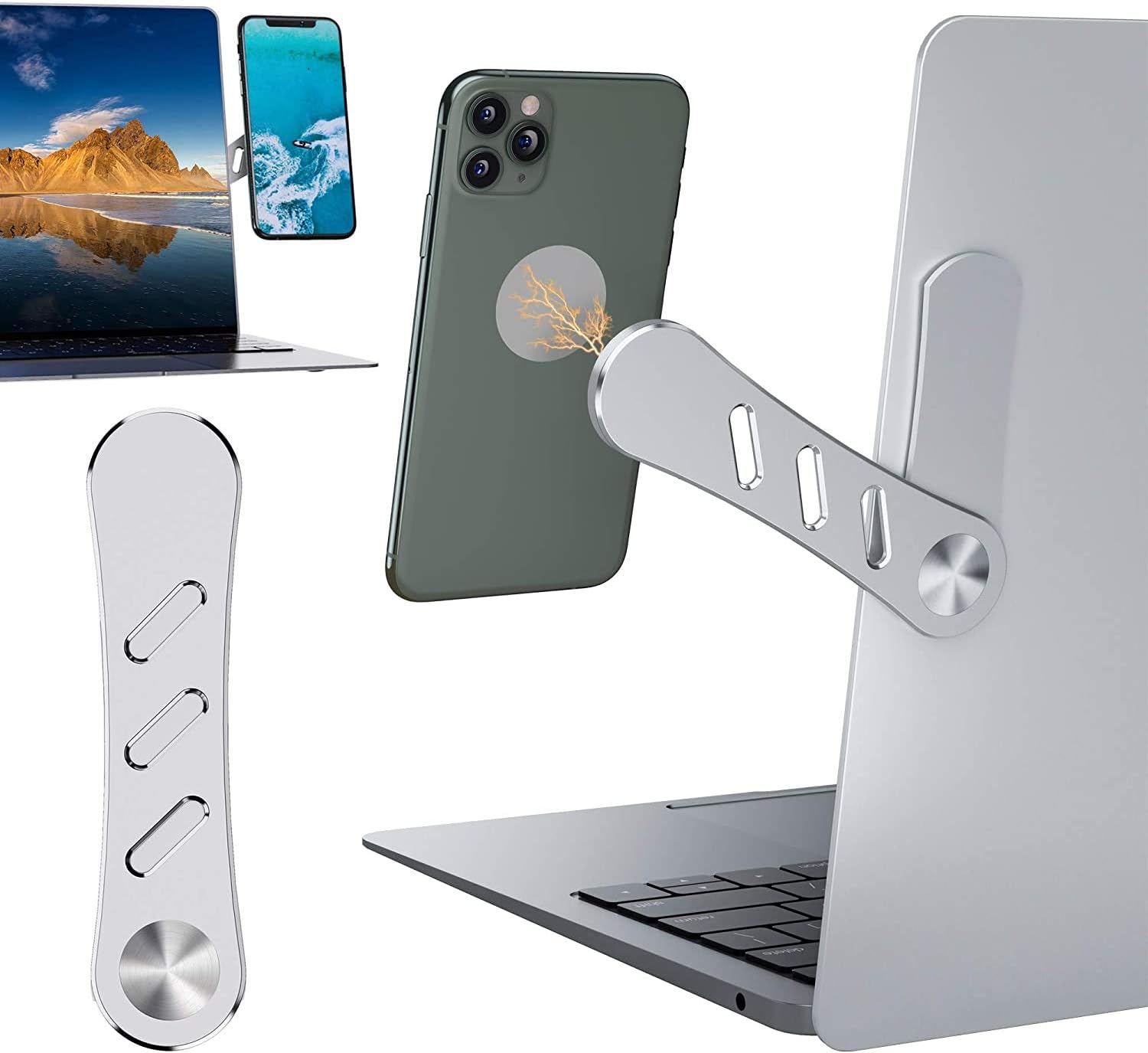 DK177 Magnetic Phone Holder, Laptop or Desktop Monitor Side Mount Phone Holder, Slim Portable Foldable Computer Expansion Bracket Compatible with All Phone, Silver