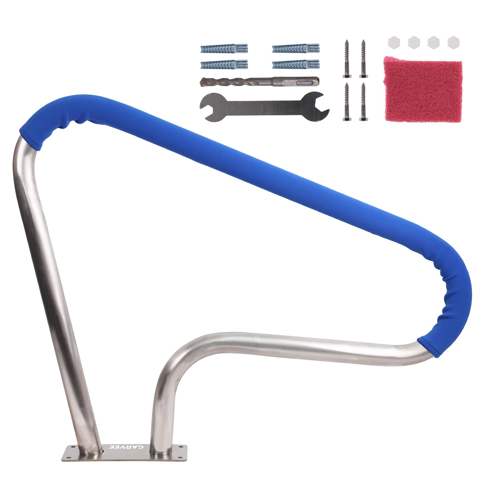 Garvee Swimming Pool Handrail 99 x 81 cm (39" x 32"), 304 Stainless Steel Pool Step Grab Rail with Blue Non-Slip Grip Cover, 113kg Capacity Heavy Duty Safety Hand Rail for Inground Pools Spas Hot Tubs