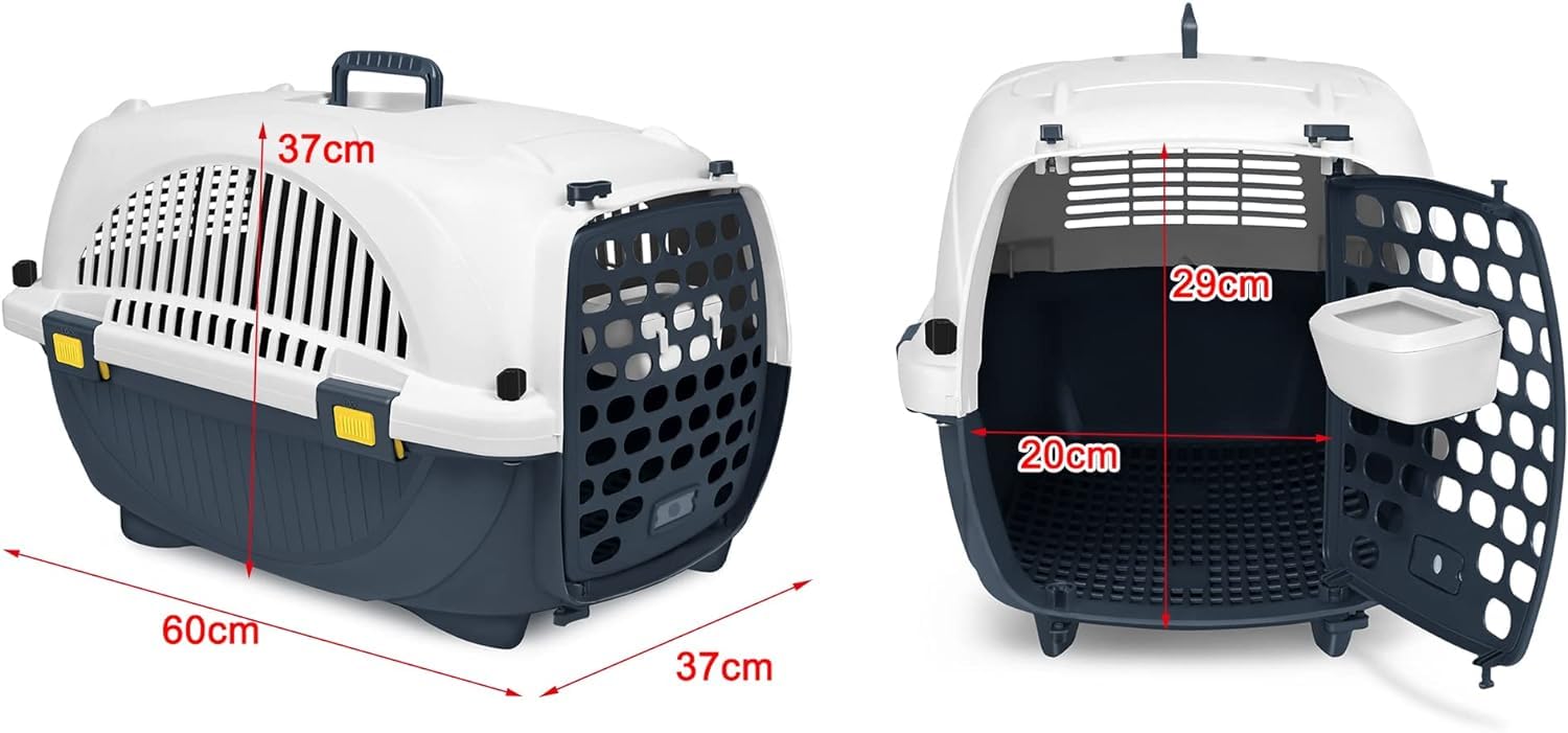 Boîte de transport pour chat - En plastique - Avec gamelle - Jusqu'à 10 kg - 61 x 37 x 37 cm - Gris