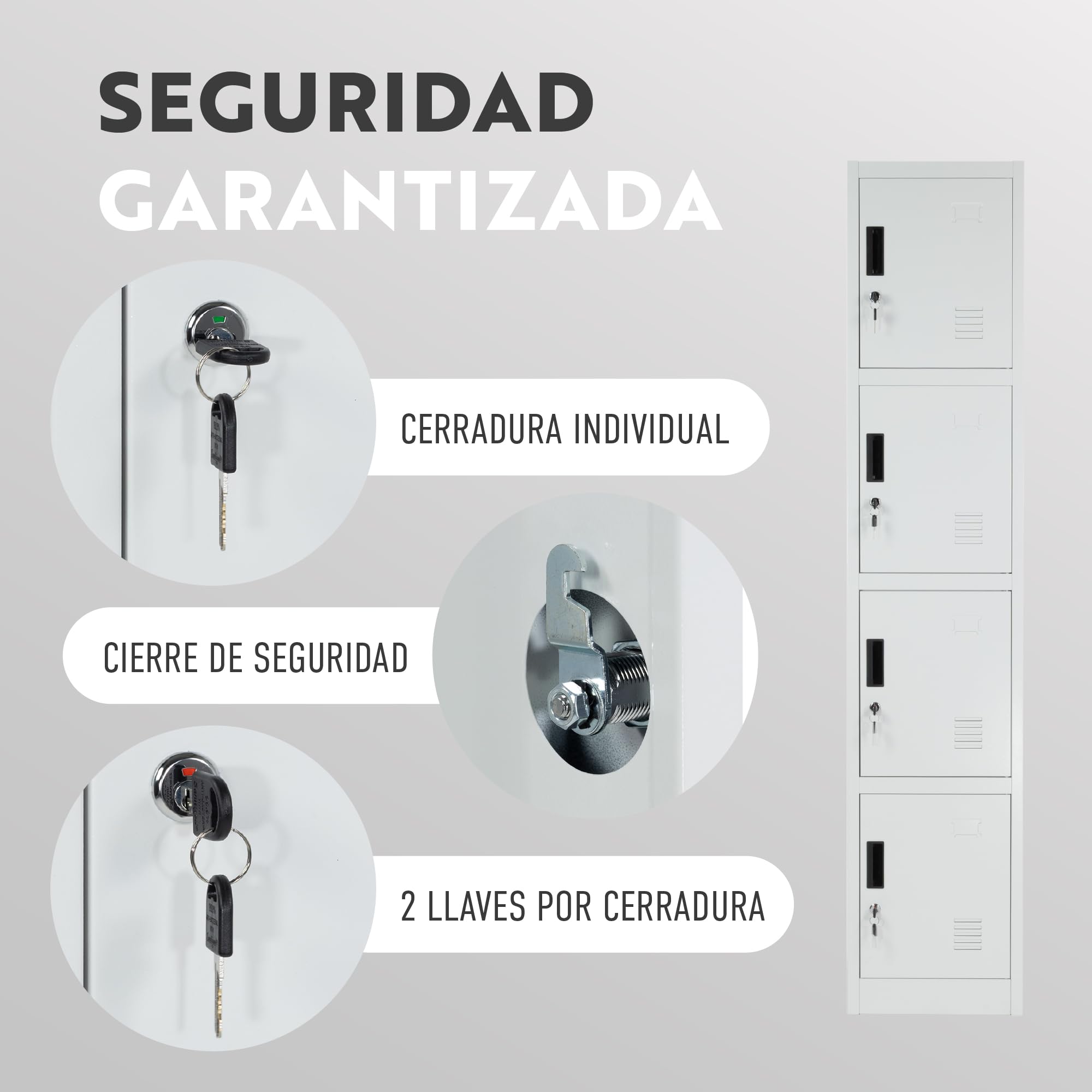 Taquilla Vestuario metálica 4 Puertas Blanca RAL 9016-185x38x45 cm con Cerradura - Incluye Llave | Armario metálico Estrecho para Garaje, Oficina, Gimnasio, Vestuario, Locker Individual