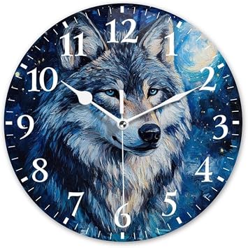 Battery Operated Round Wall Clock Non-Ticking Silent Analog Clcok Decorative for Living Room,Office,Kitchen-Wolf Under A Starry Sky Moon14inch