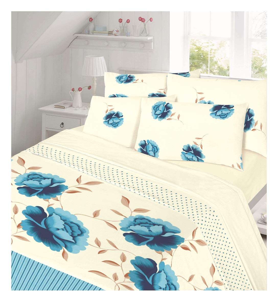 Maria Luxury Bedding & Linen Teal Quality Thermal Floral Printed Flannelette Fitted Sheet & Flat Sheet Set Cover Bedding Sets With Pillowcases, 100% Cotton - King Size,