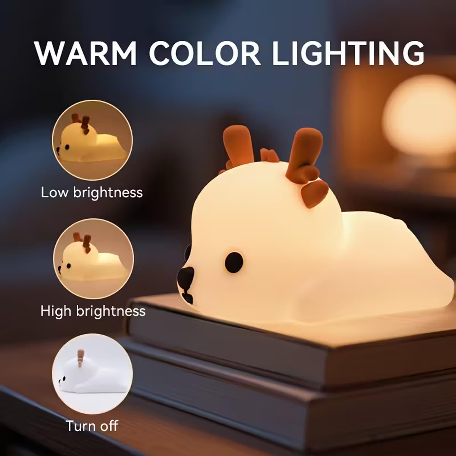 Luce notturna a LED per bambini Cervo Lampada da comodino Carina con 3 livelli di luminosità Luce silenziosa in silicone per neonati Lampada touch Ricarica USB Kawaii Luce camera da letto dei bambini