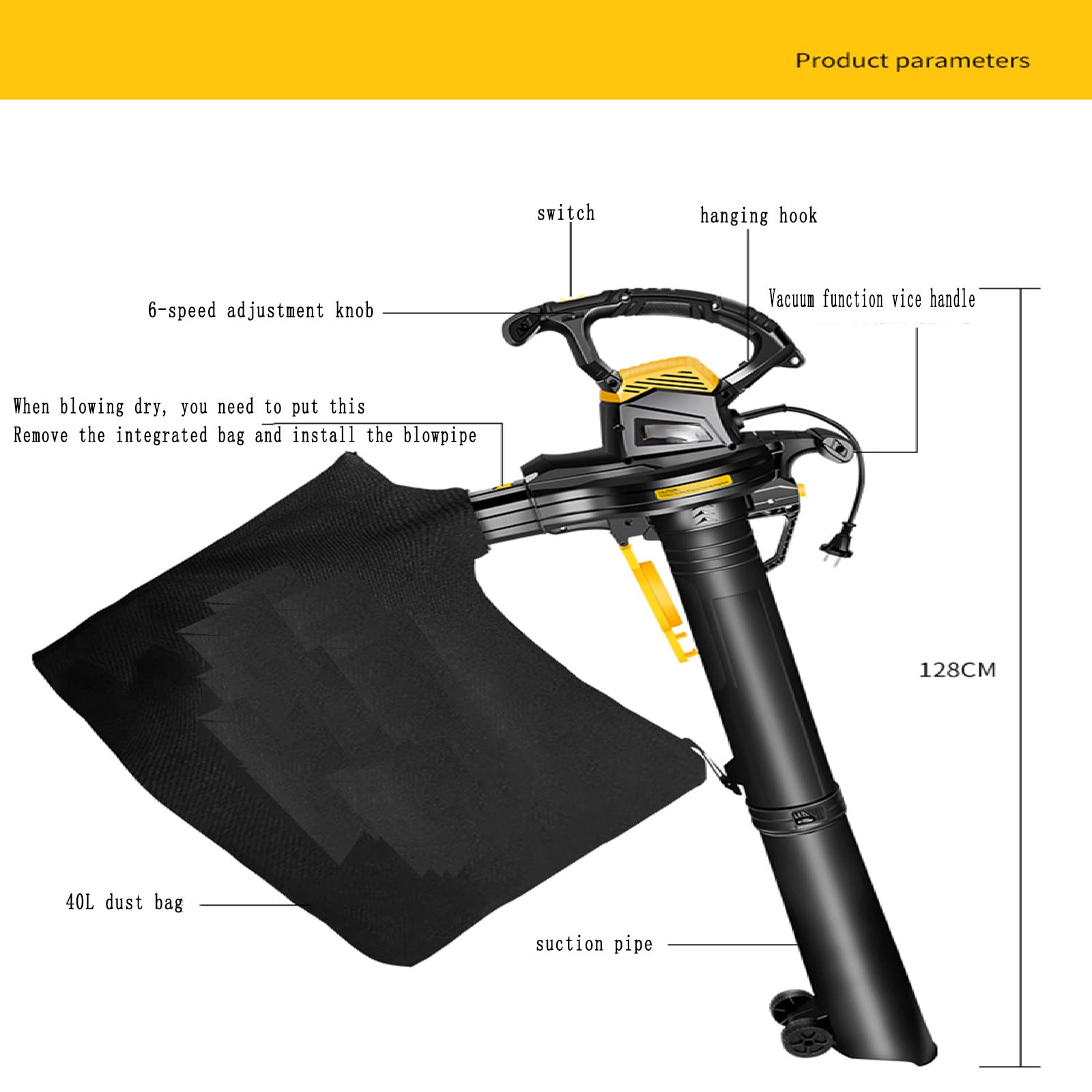 Soplador de Hojas eléctrico de 3800 W, soplador y triturador de Hojas 3 en 1 de Alta Potencia, Ajuste de 6 velocidades, soplador con Bolsa recolectora de Polvo de 40 L, 30 m