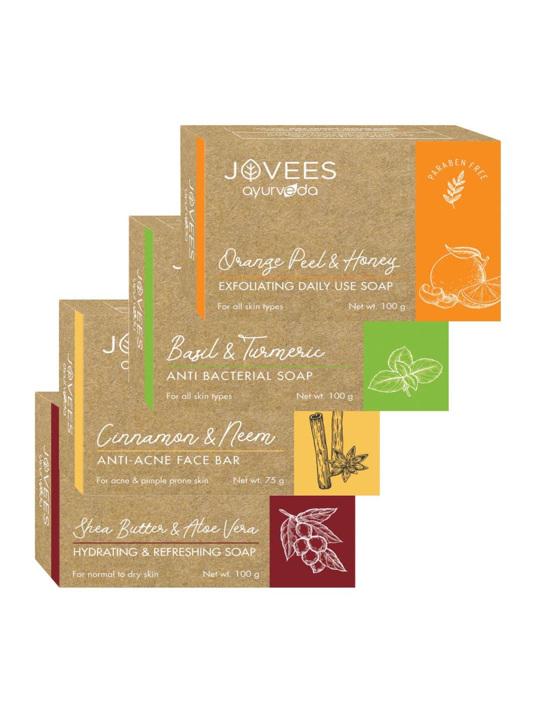 Jovees Herbal Orange Peel & Honey Soap 100 g, Basil Turmeric Anti Bacterial 100 g, Cinnamon & Neem Anti Acne Face Bar 75 g, Shea Butter & Aloe Vera Hydrating 100 g Soap Combo 4-image-5