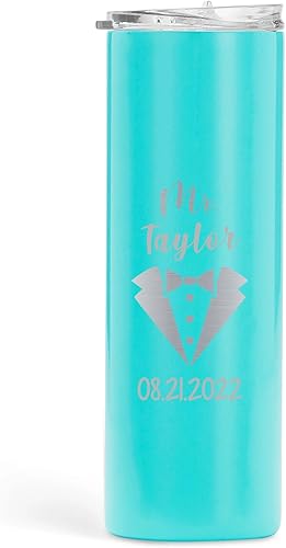 Engrave My Memories Light Teal Tumbler, 20 OZ Skinny Powder Coated Thermal, Stainless Steel Personalized Vacuum Insulated Travel Tumbler