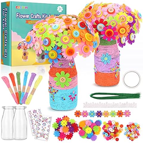 Blumen Bastelset für Kinder, lustiges Bastelset für Mädchen, Jungen, Kinder, Kunst, Bunte Knöpfe, Filzblumen, Blumenvase, Bastelzubehör, Party für Kinder im Alter von 4, 5, 6, 7, 8, 9, 10 Cover