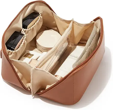 "Travel Makeup Bag, Large Capacity, Waterproof Cosmetic Organizer with Handle and Divider"
