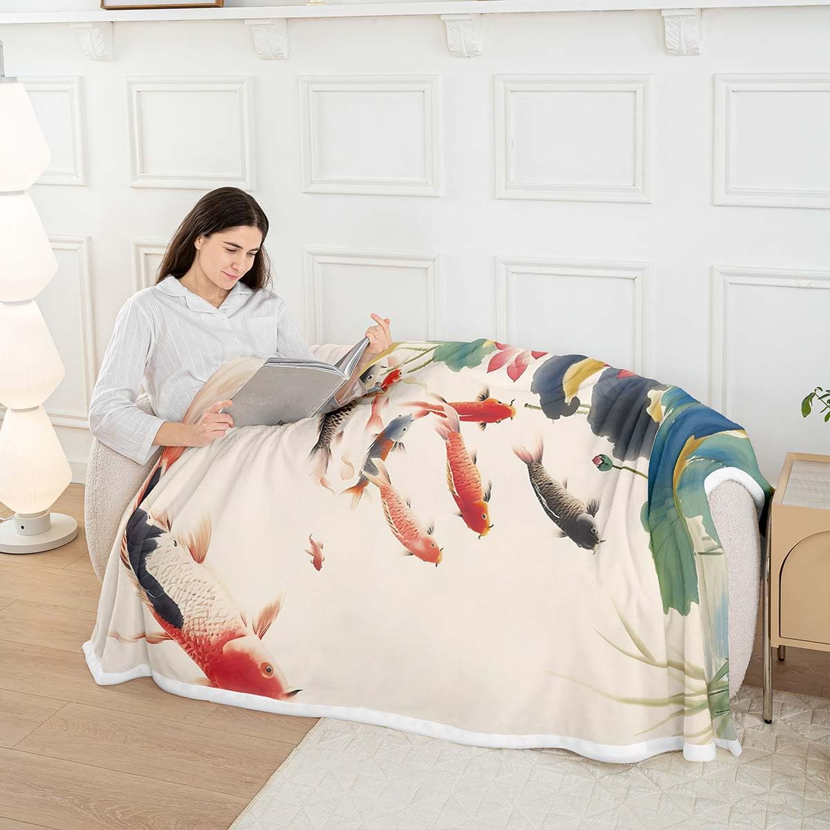 Homemissing Kids Chinese Ink Painting Fleece Throw Blanket Double 60x79Inch Carps Koi Fishes Japanese Sherpa Blanket for Bed Sofa Couch Good Luck Fish Nature Bedroom Decor - Image 3