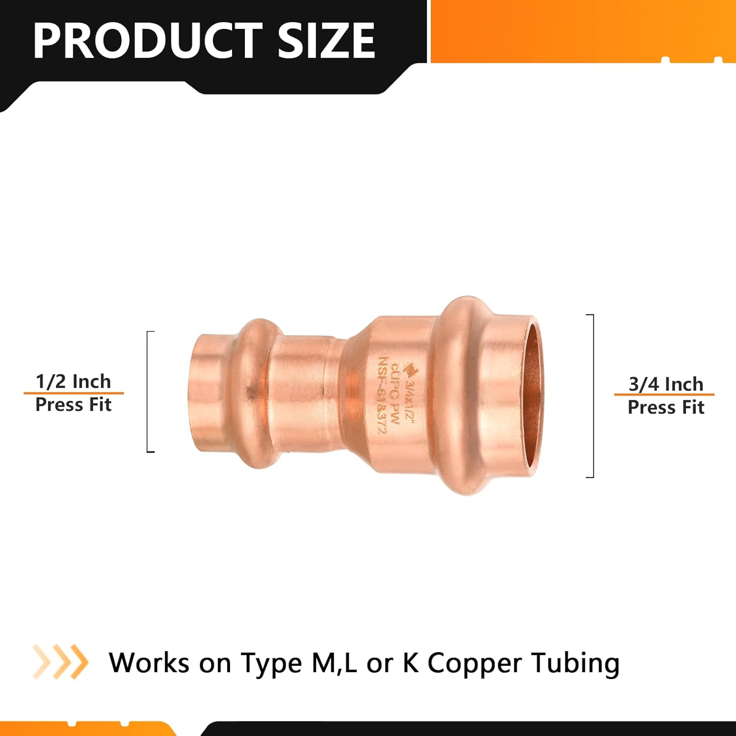 HeSun 10-Pack Copper Press Coupling with Stop, 3/4" x 1/2" Pressure Fittings, P x P for Copper Tube Connection