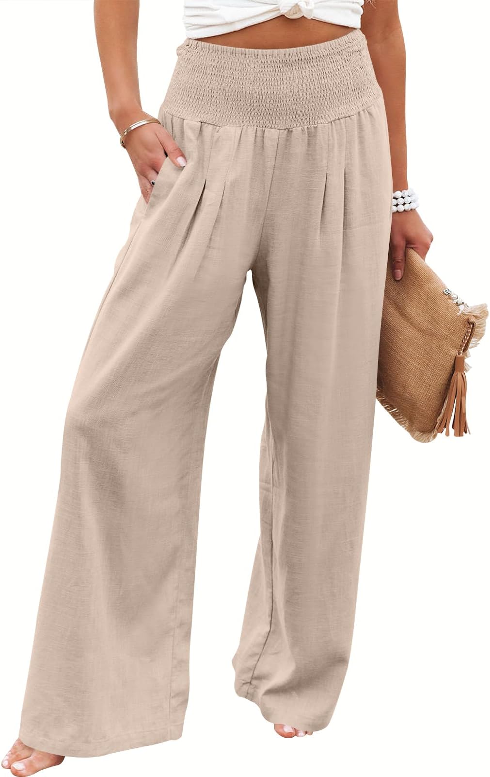 Women Linen Palazzo Pants Summer Boho Wide Leg High Waist Casual Lounge Pant 2026 Beach Travel Vacation Outfits