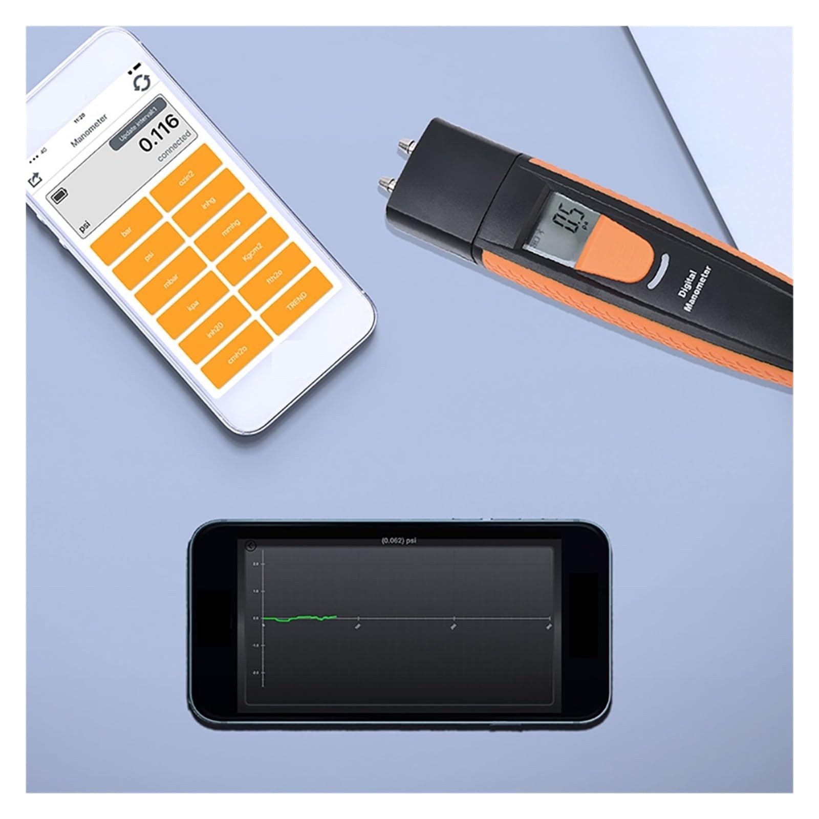 Manómetro digital Medidor de presión aire doble puerto HVAC Probador gas diferencial Bluetooth-compatible