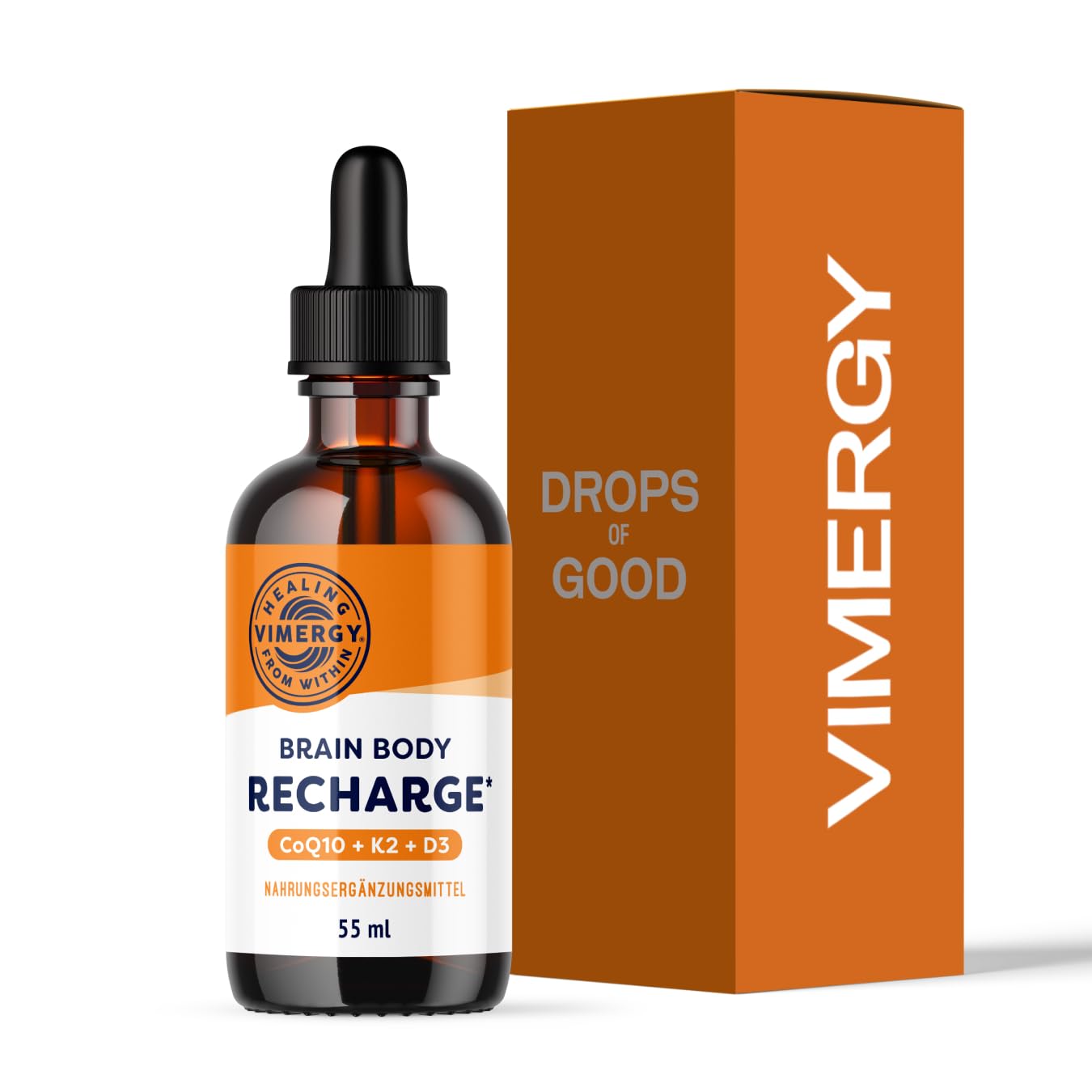 Vimergy Brain Body Recharge* – mit Vitamin D3, K2 & CoQ10 – Stärkt Muskeln und Knochen – Schützt vor freien Radikalen – Vegan und glutenfrei – 55 ml