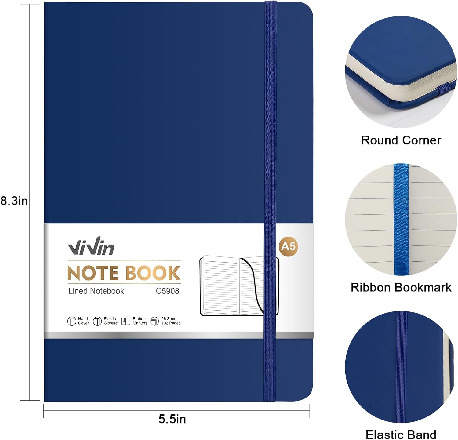 ViVin A5 Hardcover Lined Notebook,192 pg College Ruled 5.5x8.3 image 2