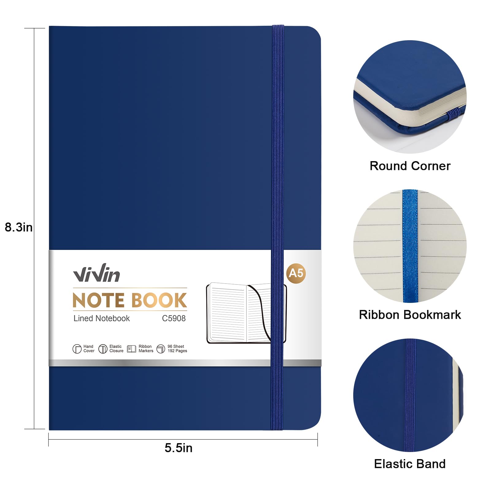 ViVin Quaderni a righe, confezione da 3, (blu marino), 192 pagine, medio 14 x 21,1 cm, a righe universitarie, quaderni A5 con copertina rigida, quaderni per scrittura, affari, scuola