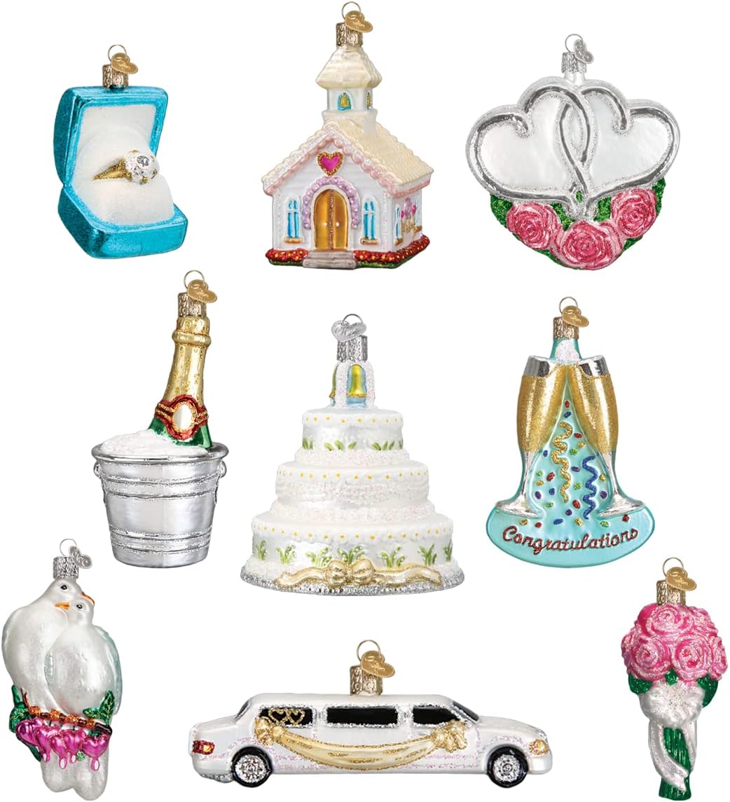 Old World Christmas Just Married Gift Box Glass Blown Ornament for Christmas Tree, Handcrafted Holiday Decoration, Wedding Collection