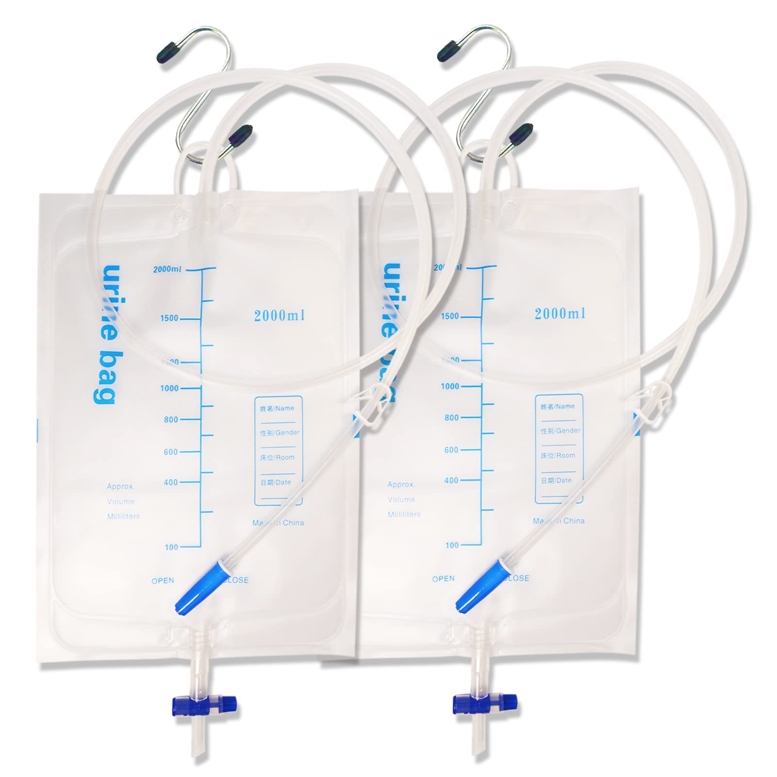 Urinary Drain Bags, 2000ml, Extra Large Extra Length Tubing, Unisex Emergency Medical Drainage Bags, Anti Reflux Valve, Metal Hook (2 Pack)