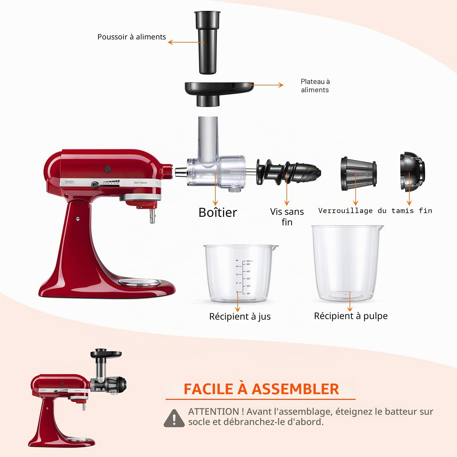 Gdrtwwh Extracteur de Jus de Fruits et Légumes Slow Juicer Presse-agrumes pour tous les mixeurs KitchenAid - Accessoire de presse-agrumes