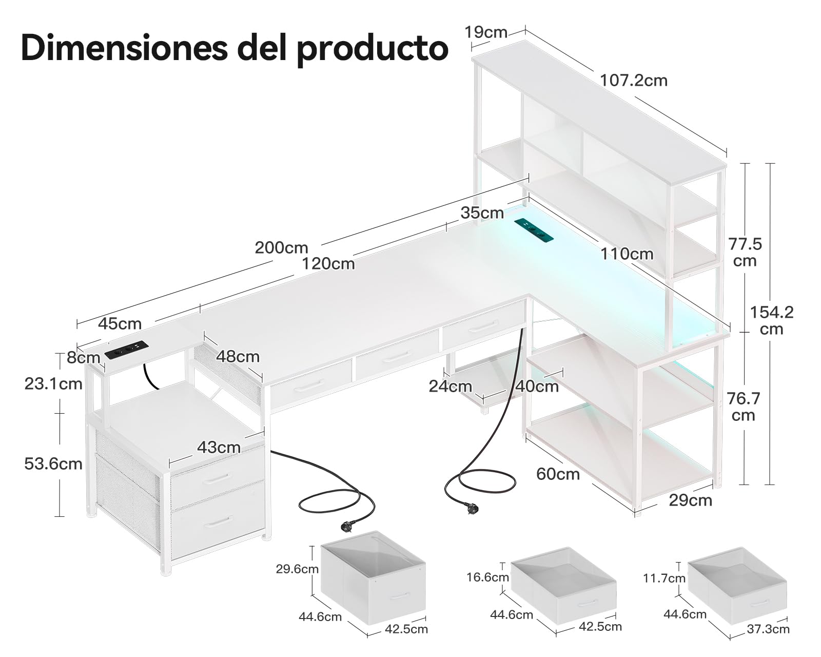 Coleshome Escritorio de Esquina en L con 5 Cajones, 4 Estantes, Luz LED, Tomas de Corriente y USB, Ideal para Oficina en Casa, Estudio o Juegos, Blanco, 200x110 cm