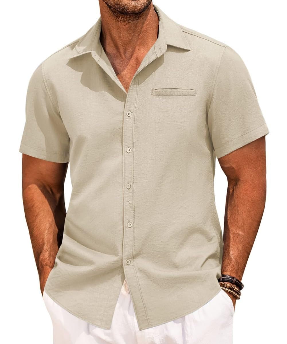 Short Sleeve Shirts for Men Summer Casual Button Down V Neck Tops Collared Solid Beach Blouses